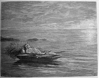 The boy in the boat, artist unknown, engraved by L. B. Hansen A black and white engraving of a boy reclining in a rowboat on the sea