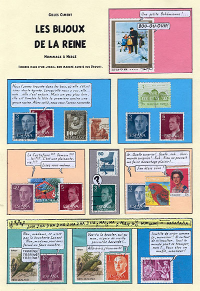 'Les bjouux de la reine', a comic strip by Gilles Ciment, using postage stamps